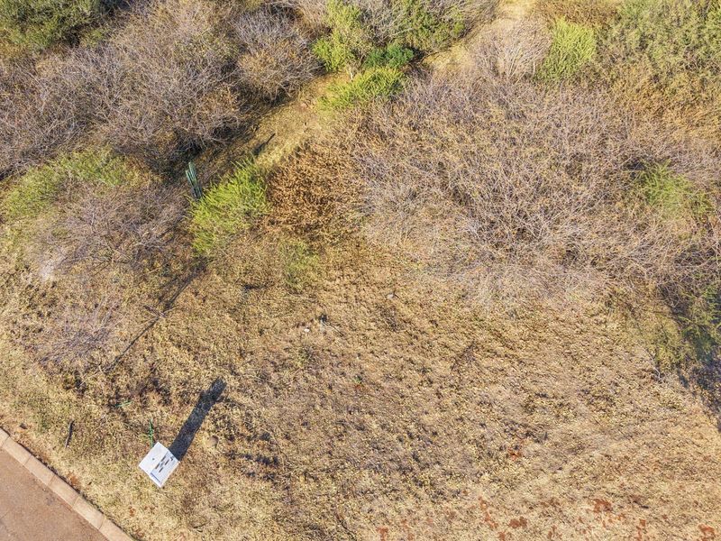 An aerial view of a vacant residential plot featuring natural vegetation and direct street access.