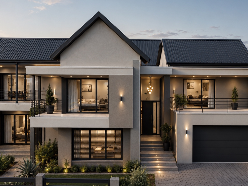 Modern two-story residential home featuring a metal roof, spacious balconies, integrated garage, and contemporary exterior lighting at dusk.