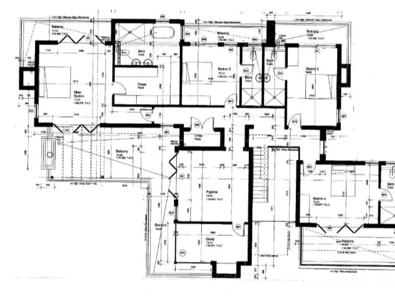Architectural floor plan showing the layout of the upper level, including four bedrooms, bathrooms, a pyjama lounge, study, and multiple balconies.