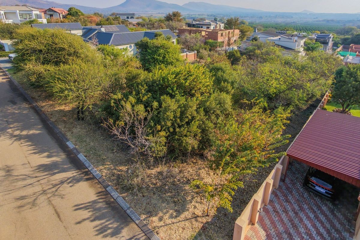 An aerial view of a vacant residential plot featuring mature trees and established vegetation, situated in a developed neighborhood with paved road access.