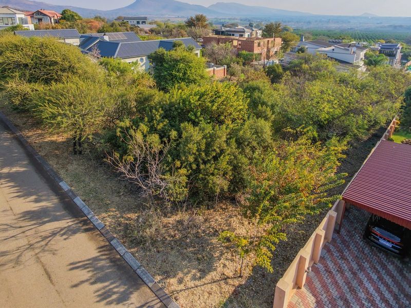 An aerial view of a vacant residential plot featuring mature trees and established vegetation, situated in a developed neighborhood with paved road access.