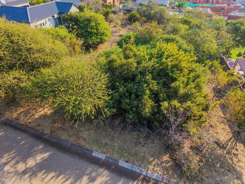 Aerial view of a vacant residential plot featuring established indigenous trees and vegetation, situated adjacent to a paved road with kerbing.