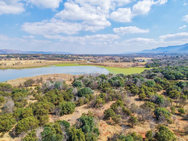 An aerial view of the vacant residential land featuring natural vegetation, surrounding trees, and a scenic lake with mountain views in the distance.