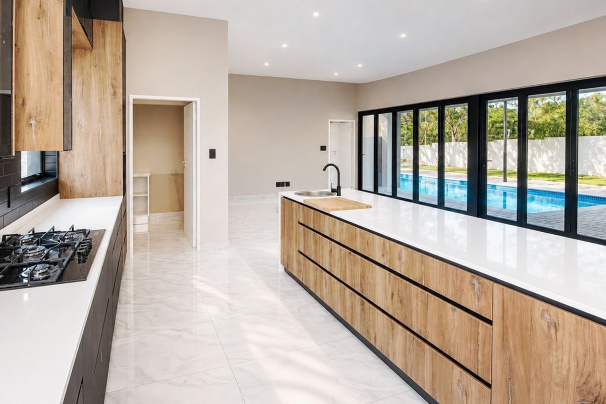 Modern, spacious kitchen featuring a large island, stone countertops, gas hob, and sleek cabinetry, with direct access to the pool area through sliding doors.