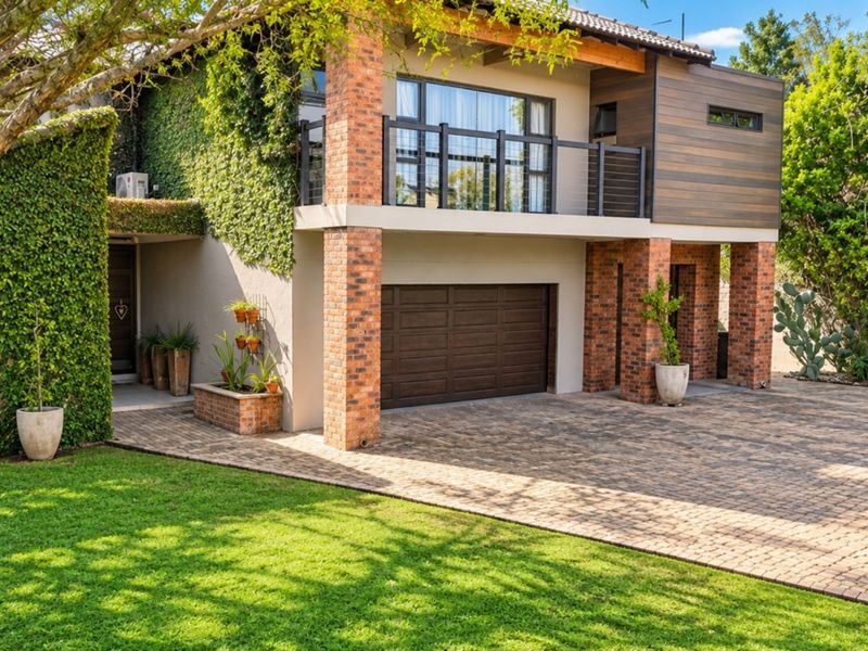 A well-maintained double-story home featuring a paved driveway, integrated garage, brick pillars, and a balcony with modern cladding and lush greenery.