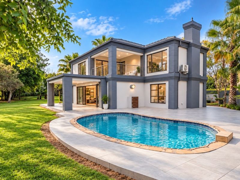 Rear view of a modern two-story house featuring a swimming pool, spacious tiled patio, and an upper-level balcony overlooking a landscaped garden.