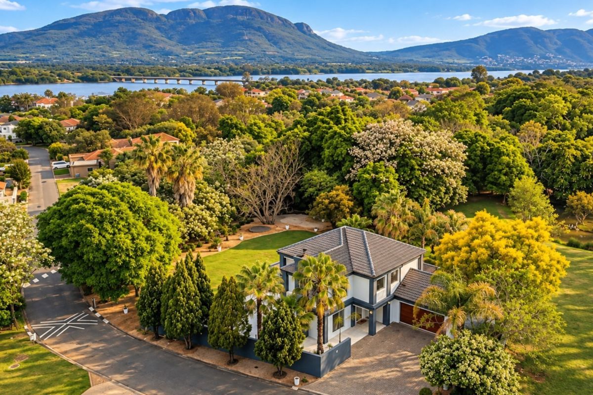 Aerial view of a well-maintained residential property featuring a tiled roof, paved driveway, double garage, and expansive landscaped garden in a scenic estate setting.