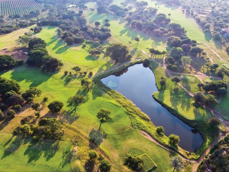 An aerial view of a sprawling residential golf estate featuring lush green fairways, mature trees, and a central water feature.
