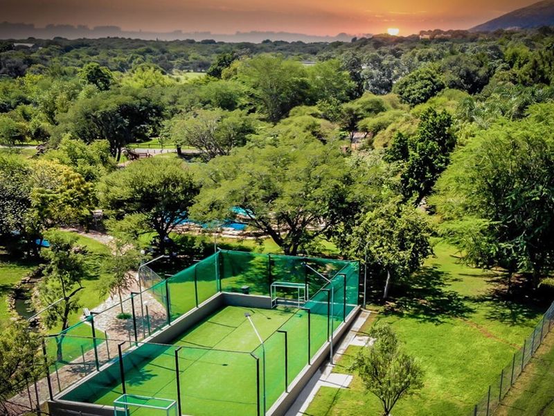 Aerial view of a well-maintained fenced sports court situated within a lush, green landscaped residential estate setting.