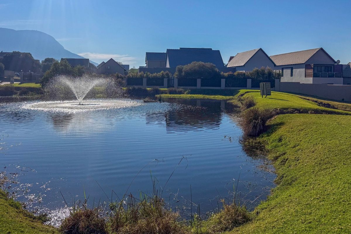 A scenic view of a residential estate pond featuring a central water fountain, manicured lawns, and surrounding residential properties.