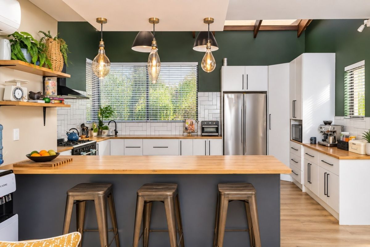 Modern kitchen featuring white cabinetry, wooden countertops, subway tile backsplash, integrated appliances, and a central island with pendant lighting under a skylight.