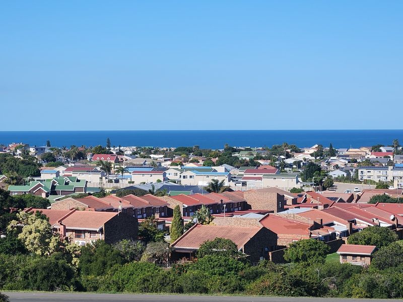 A panoramic elevated view overlooking a residential neighborhood with the ocean visible in the distance.