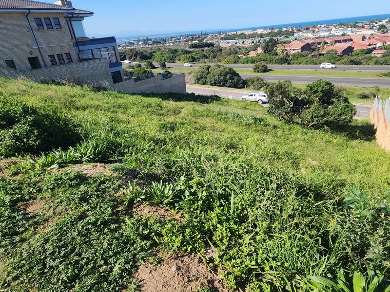 An elevated view of a sloped residential vacant land plot featuring natural vegetation and adjacent retaining walls with distant coastal views.