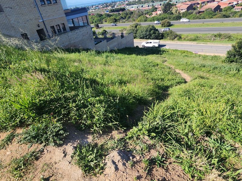A sloped, undeveloped residential plot featuring natural vegetation and a view of the adjacent road and neighboring properties.