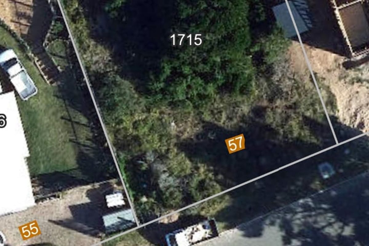 An aerial view of a vacant residential plot featuring established trees and clear boundary lines, situated in a developed neighborhood.