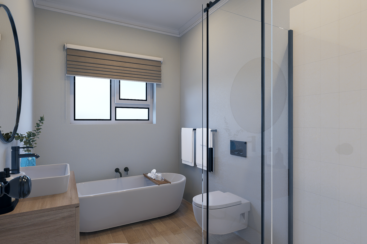 Modern bathroom featuring a freestanding bathtub, wall-mounted toilet, glass-enclosed shower, and a contemporary vanity with a vessel sink.
