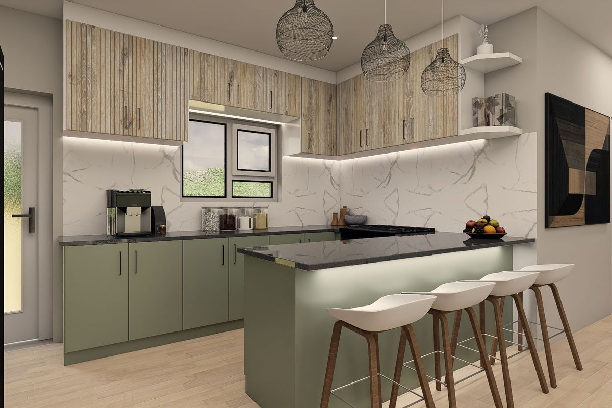 Modern kitchen featuring sage green cabinetry, marble-look splashback, dark stone countertops, and a breakfast bar with integrated lighting.