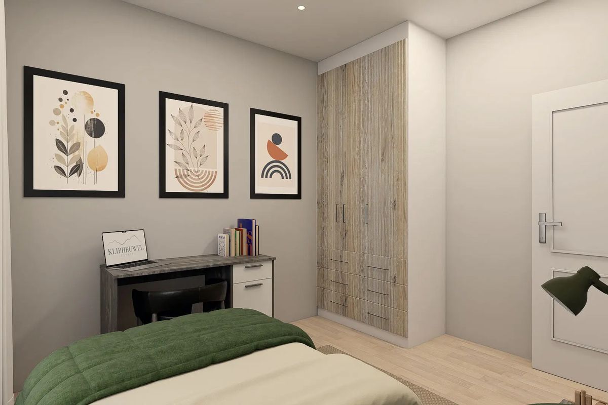 A modern bedroom featuring built-in wooden cabinetry, light wood-look flooring, and neutral wall finishes.