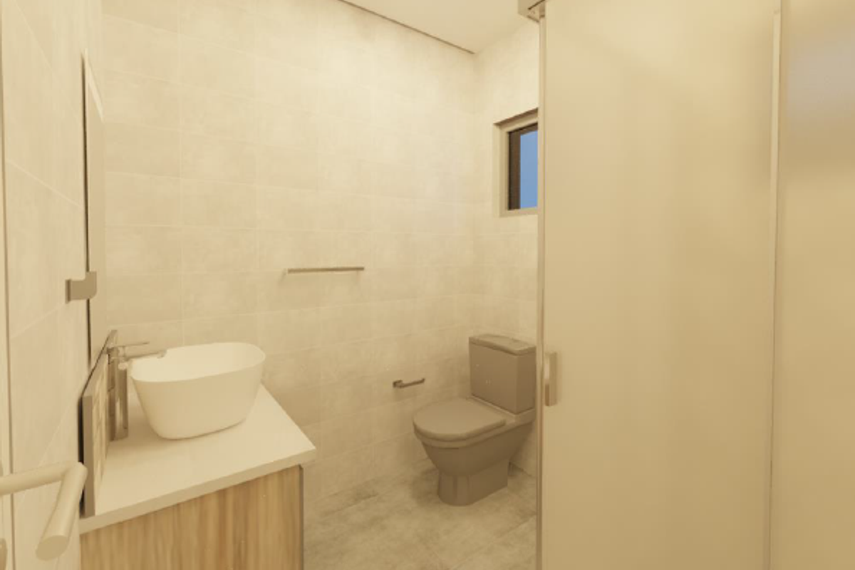 Modern bathroom featuring a floating vanity with a vessel sink, a wall-mounted toilet, and a glass-enclosed shower with neutral tiled finishes.