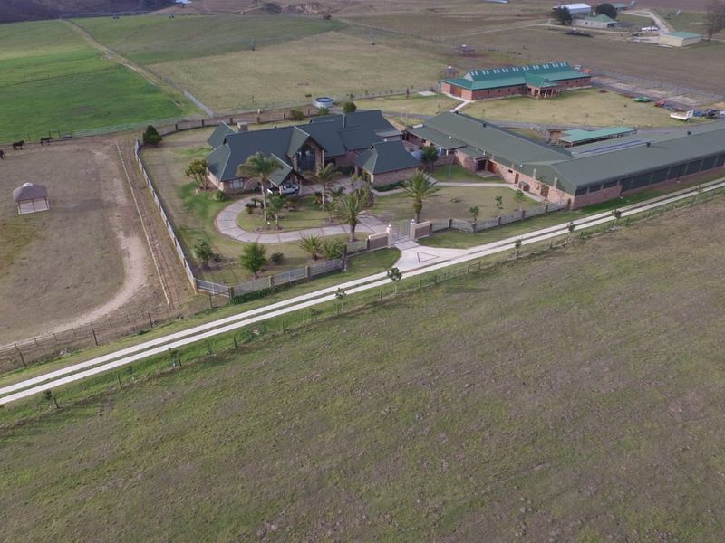 Aerial view of a large farm property featuring a main residence, extensive outbuildings, fenced paddocks, and a long paved driveway.