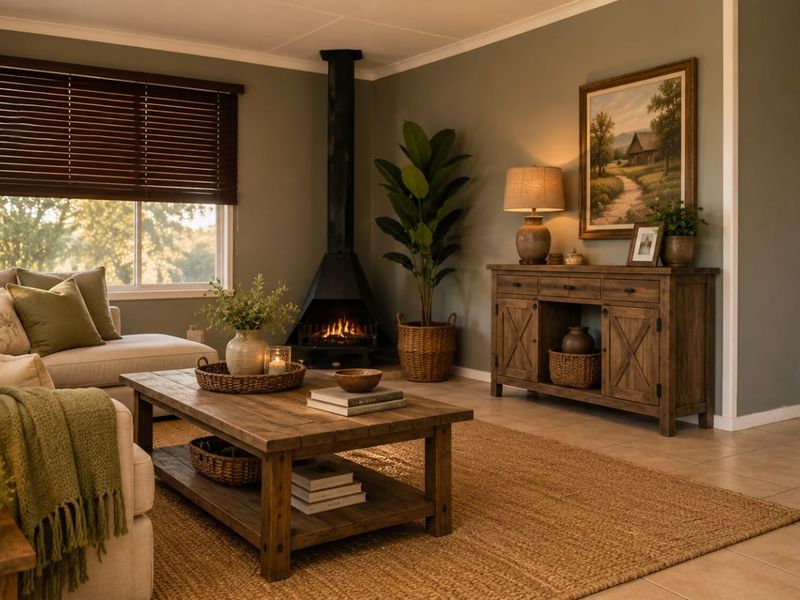A cozy living room featuring a modern freestanding fireplace, neutral tiled flooring, and large windows with venetian blinds, creating a warm and inviting atmosphere.