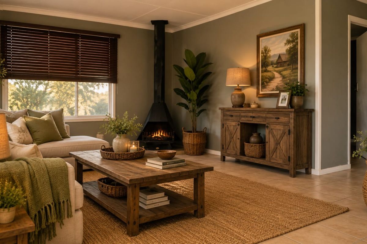 A cozy living room featuring a modern freestanding fireplace, neutral tiled flooring, and large windows with venetian blinds, creating a warm and inviting atmosphere.