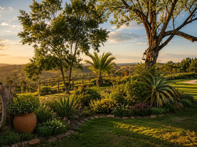 A beautifully landscaped garden featuring mature trees, established garden beds, a wooden fence, and a swimming pool overlooking a scenic landscape at sunset.