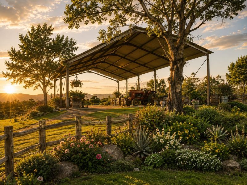 A scenic small holding featuring a large open-sided barn structure, established garden beds, and timber fencing set against a sunset landscape.