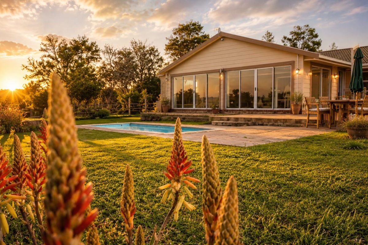 A scenic rear view of the property featuring a swimming pool, paved patio area, and large sliding glass doors overlooking the garden at sunset.