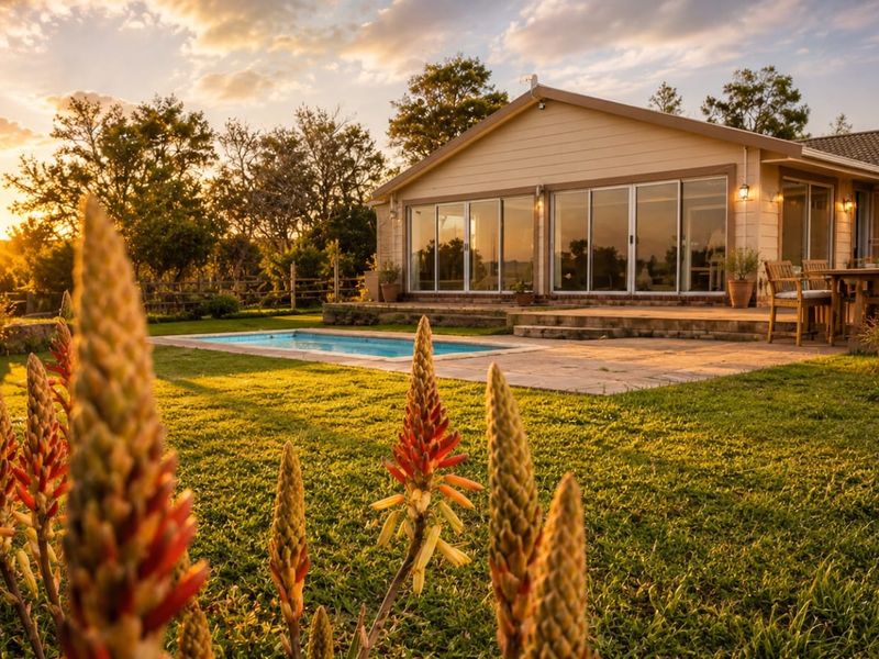 A scenic rear view of the property featuring a swimming pool, paved patio area, and large sliding glass doors overlooking the garden at sunset.