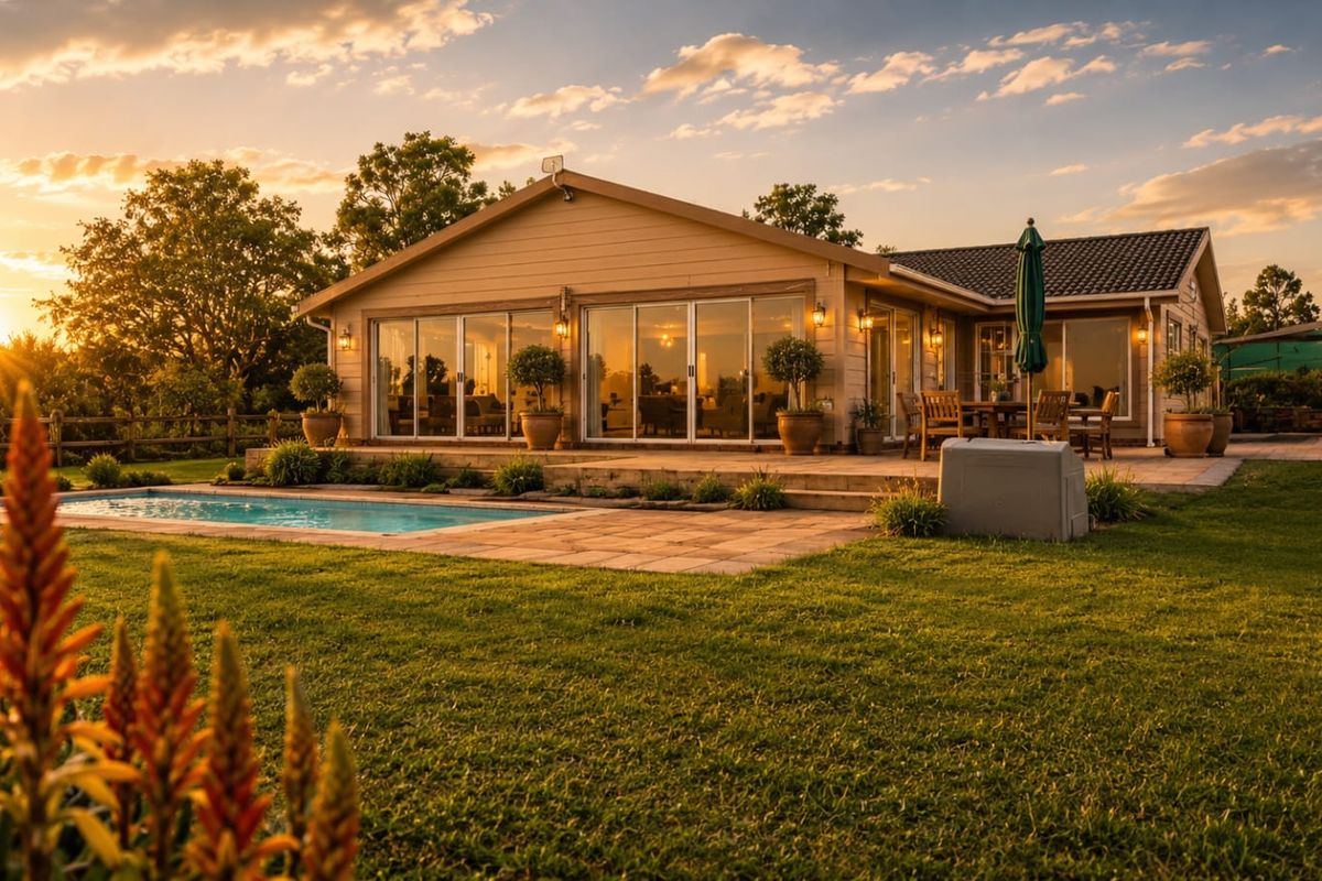 A beautifully maintained rear exterior view featuring a swimming pool, expansive paved patio, and large sliding glass doors leading into the home.
