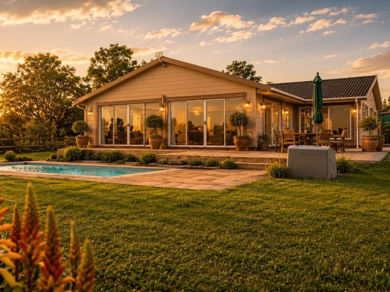 A beautifully maintained rear exterior view featuring a swimming pool, expansive paved patio, and large sliding glass doors leading into the home.