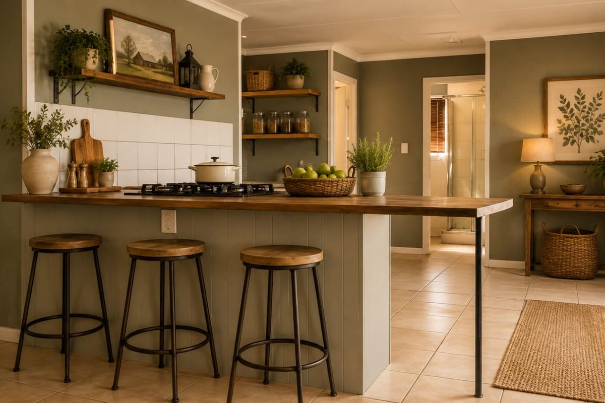 A well-maintained kitchen featuring a wooden breakfast counter, built-in gas hob, tiled backsplash, and open shelving, with a view into the adjacent bathroom.