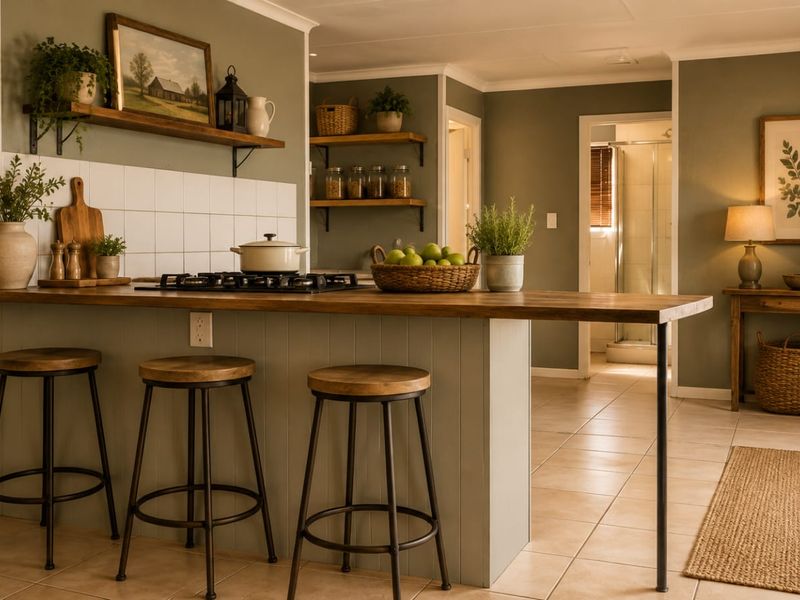 A well-maintained kitchen featuring a wooden breakfast counter, built-in gas hob, tiled backsplash, and open shelving, with a view into the adjacent bathroom.