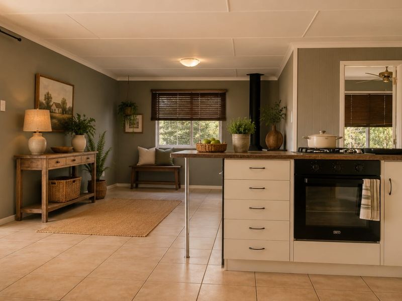 Spacious open-plan kitchen and living area featuring tiled floors, a central kitchen island with built-in oven and hob, and direct access to the patio.