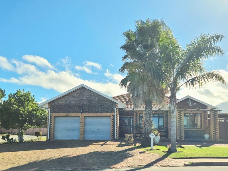 Front elevation of a brick-faced house featuring a double garage, paved driveway, and established garden with a prominent palm tree.