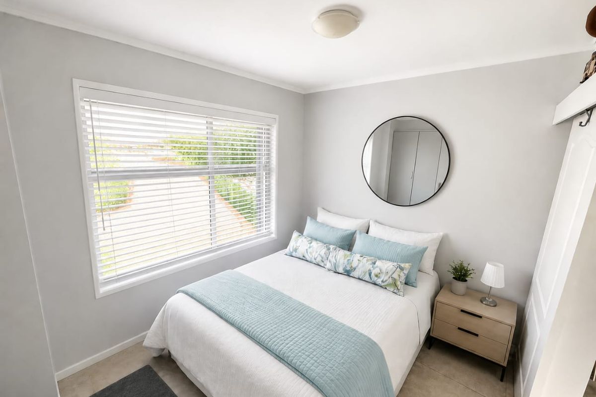 A bright and well-maintained bedroom featuring neutral wall tones, tiled flooring, a built-in wardrobe, and large window with venetian blinds.