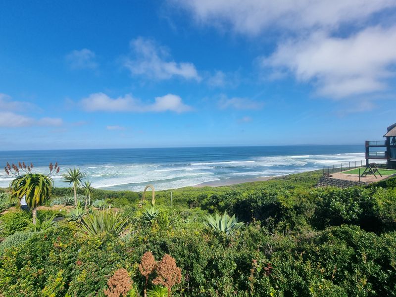 A scenic elevated view overlooking the coastline, ocean, and natural vegetation, showcasing the property's prime coastal location.