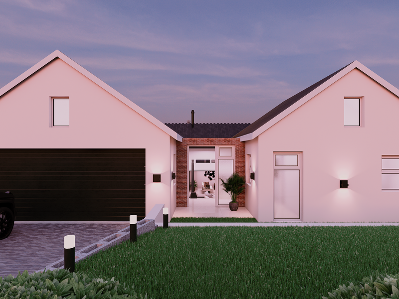 Modern single-story residential home featuring a gabled roof design, double garage, and a central entrance with brick accents.