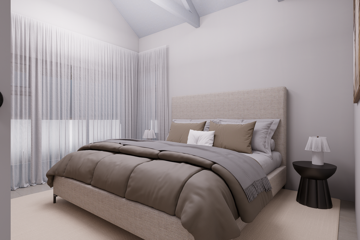 A bright and modern bedroom featuring a vaulted ceiling, large windows with sheer curtains, and a neutral color palette.