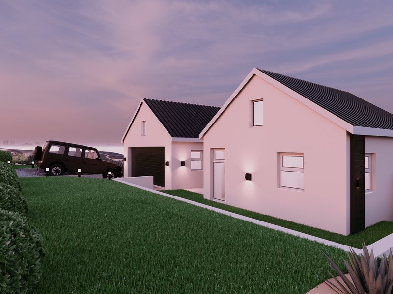 A modern residential property featuring a pitched roof, paved driveway, and exterior wall lighting, presented in a clean, contemporary architectural style.