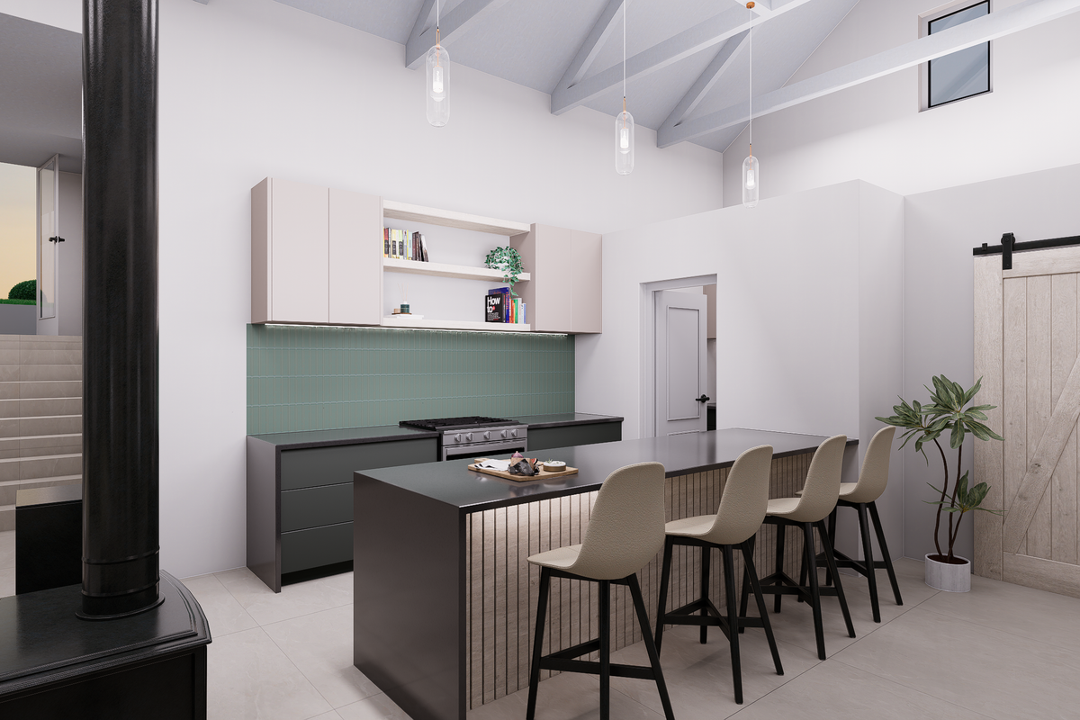 Modern kitchen featuring a central island, sleek cabinetry, tiled backsplash, and a vaulted ceiling with exposed beams, complemented by a stylish barn door.