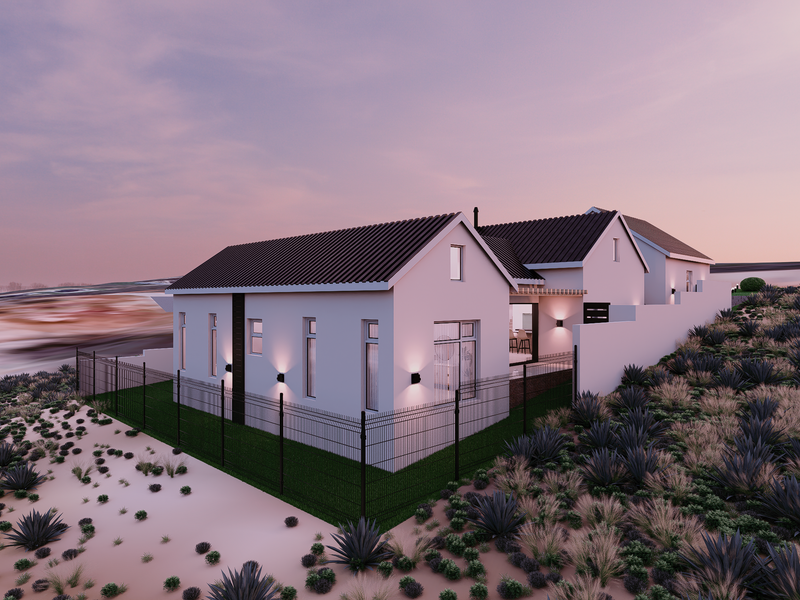 A digital architectural rendering of a modern house exterior featuring a pitched roof, perimeter fencing, and integrated outdoor lighting at dusk.