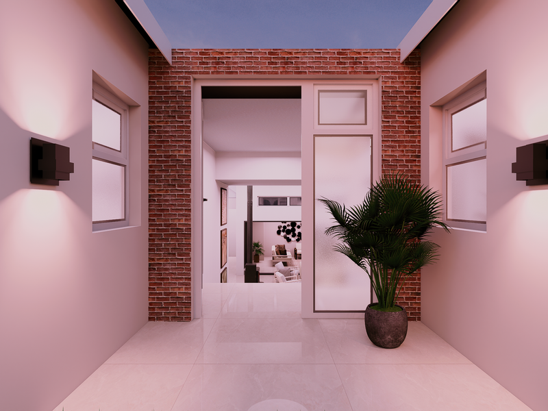 A modern entrance featuring an exposed brick facade, tiled flooring, and a glass panel door, leading into a bright, open-plan interior space.