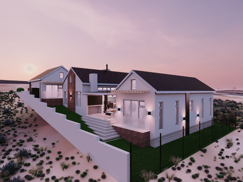 A modern coastal residence featuring a pitched roof, brick accents, and a spacious covered patio overlooking a landscaped garden and perimeter fencing.