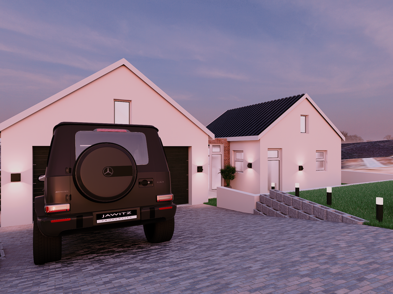 Modern residential property exterior featuring a paved driveway, landscaped retaining walls, and contemporary architectural design with integrated exterior lighting.