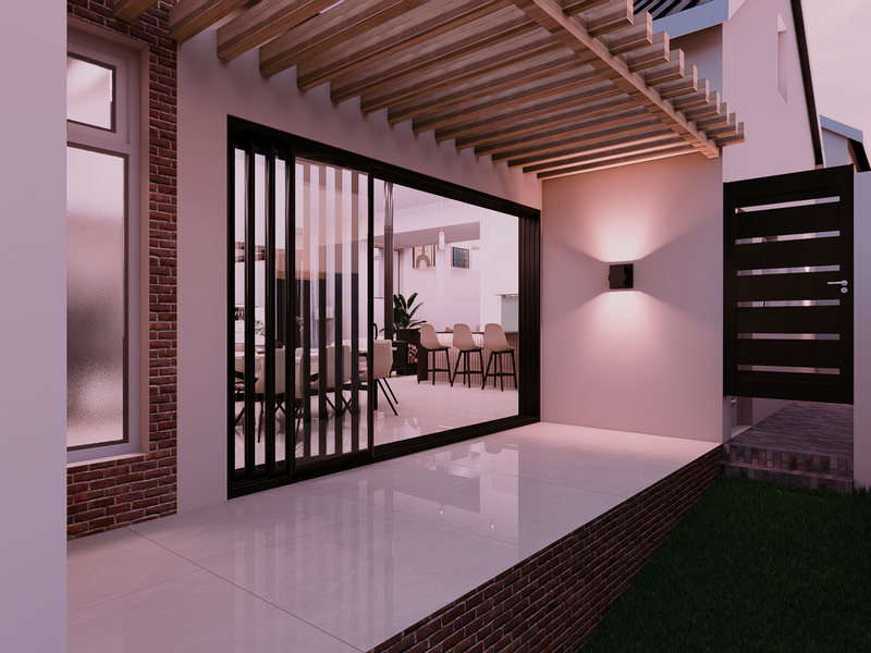 A modern covered patio featuring a timber pergola, tiled flooring, and large sliding glass doors providing seamless access to the interior living space.