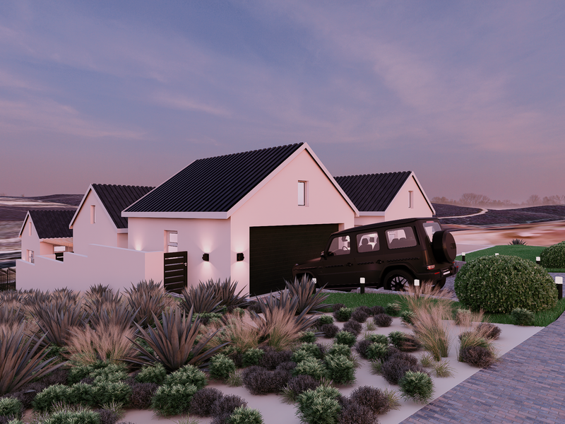 A modern residential property featuring a pitched roof design, integrated garage, and landscaped front garden with paved driveway access.