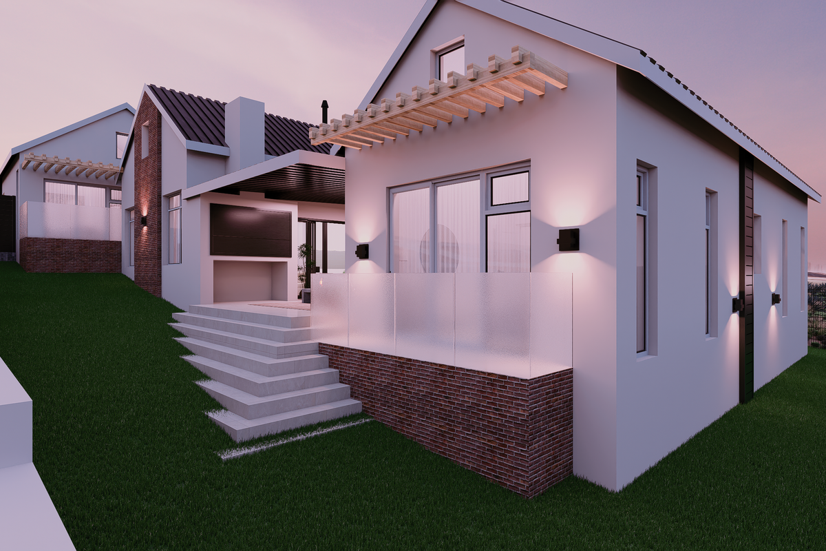 A modern rear exterior view of a house featuring brick accents, a timber pergola, concrete steps, and a glass balustrade at dusk.