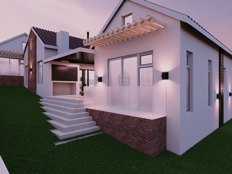 A modern rear exterior view of a house featuring brick accents, a timber pergola, concrete steps, and a glass balustrade at dusk.